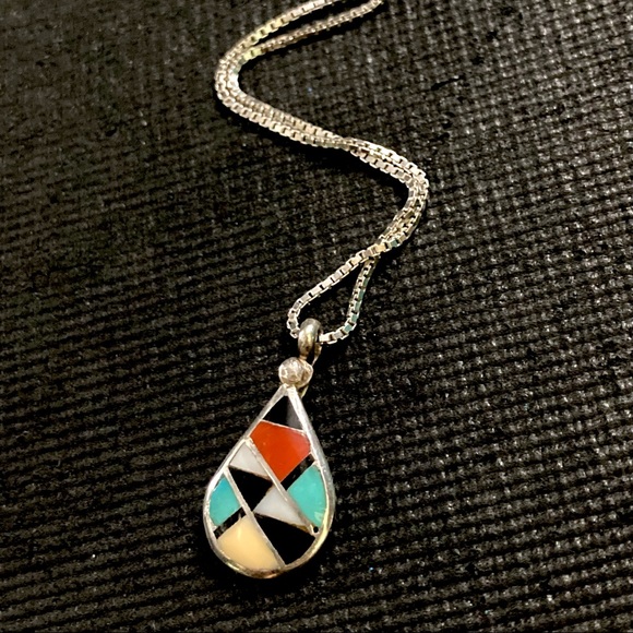 Signed Ralph Lillie Kallestewa RLK Sterling Silver Zuni Inlay Pendant Necklace - Picture 8 of 12